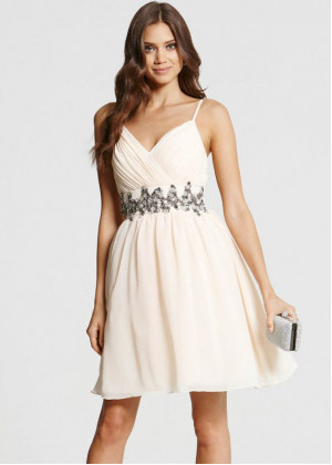 Champagne Chiffon Spaghetti Straps Beads Short Prom Dress 